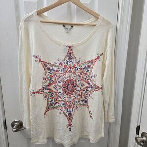 Lucky Brand Lotus Top Womens Large Cream Colorful Metallic‎ Mandala Boho Casual
